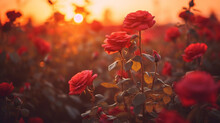 Soft Focus Shot Of Red Rose Field In Sunset Light With Shallow Depth Of Field Creating A Soft Landscape Atmosphere.