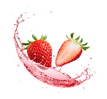 Strawberry Juice Splashing With Its Fruits Isolated