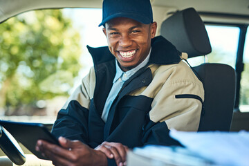 Delivery, courier and portrait of black man on tablet for distribution, shipping logistics and transport. Ecommerce, van driver and happy male worker on digital tech for package, parcel or order