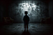Young boy standing on the floor of a dark, abandoned room. Mysterious, scary place. No love, poverty, war, fear, child loneliness concept. Ai illustration, Generative AI