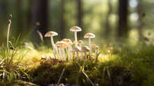 Soft Focus View Of Small Mushrooms In Grass In Forest With Shallow Depth Of Field Creating Soft Atmosphere.