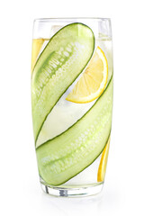 Wall Mural - Cucumber, lemon, mint lemonade isolated on white background. Glass of cool water drink with cucumber, lemon and mint leaves. With clipping path.