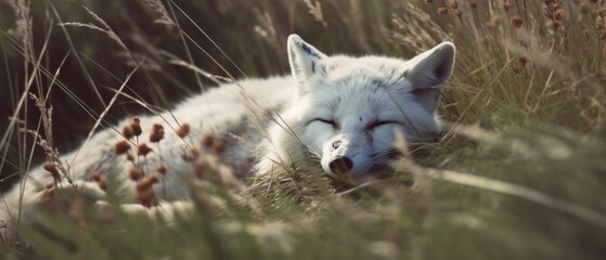  Arctic white fur fox peacefully resting and taking a quiet nap sheltered in tall grass field, alone and enjoying the warm late afternoon sunshine - generative AI