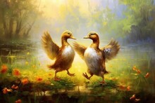 Two Ducks Dancing At Sunset On A Green Meadow, Painted (Generative AI, Generativ, KI)
