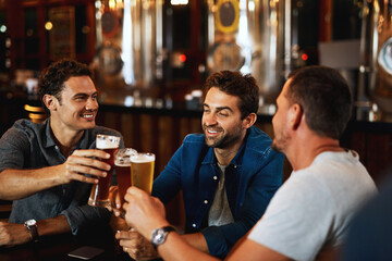 Wall Mural - Beer, cheers and men drinking with friends at social event in a restaurant with happiness. Alcohol, glasses and toast at a pub at happy hour with smile and conversation with drinks and celebration