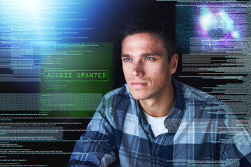Leinwandbilder - Hacker, hologram and man with focus, database and digital software with cyber security, coding and research. Male person, programmer or coder with data analysis, holographic and connection for server
