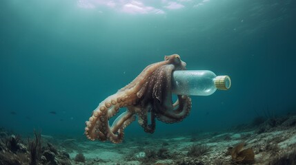 an octopus holding a plastic bottle , generative ai