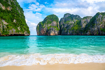 View of famous Maya Bay, Thailand. One of the most popular beach in the world. Ko Phi Phi islands. Beach without people.