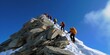 Group of mountain climbers climb the slope to the peak in sunny weather with sledges and tents equipment for overnight stays. AI generative.