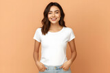 Fototapeta Panele - gorgeus woman with white mock up t shirt on orange background ai generated art