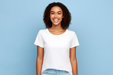 Portrait Of A Black Woman With White Clear T Shirt Isolated In Blue Studio 