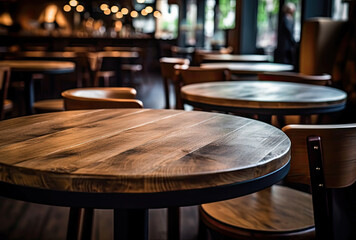 Poster - Empty round wooden table and chairs in coffee shop cafe - vintage effect style pictures