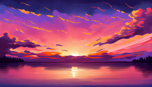 A Serene Illustration Capturing The Beauty Of A Sunset Over A Lake, Featuring A Mesmerizing Display Of Vibrant Shades Of Orange, Pink, And Purple In The Sky, Generative Ai