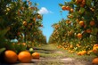  many oranges growing on the trees in the field, summer sunny day, generative AI