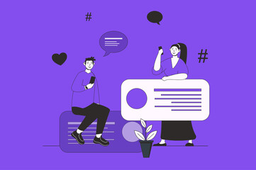 Aufkleber - Forum web concept with character scene in flat design. People texting online, leave messages in chat, have conversation in internet community. Illustration for social media marketing material.