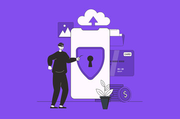 Fraud protection web concept with character scene in flat design. People using cyber security technology for protecting from hacker attacks. Illustration for social media marketing material.