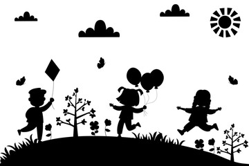 Wall Mural - Drawing silhouette of cartoon children. Summer background. Children playing in nature