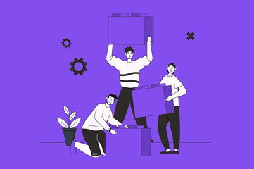 Leinwandbilder - Support in team web concept with character scene in flat design. People working together, building puzzle, brainstorming and achieving goals. Illustration for social media marketing material.