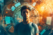 Illustration of a young man with clocks in background. Time travel or time related concept.Created with Generative AI technology.