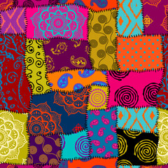 Fototapete - Textille patchwork pattern. Seamless Vector image. Bright tribal patchwork.