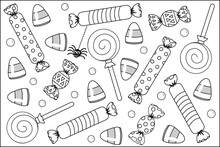 Halloween Coloring Page, Poster, Sign Or Banner With Sweets And Candy