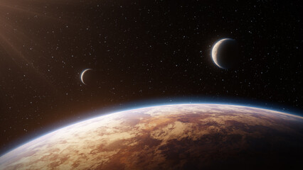 Wall Mural - view of the surface of a red planet in space with two moons or small planets in the background. fant