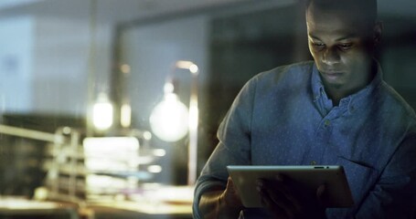 Fototapete - Black man, tablet and search, working and typing in office at night, overtime and technology for digital report or research. Online, businessman and social networking or web design in workplace.