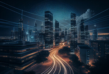 Abstract image of modern city and network connection concept. 3D Rendering generative ai