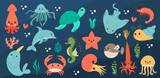 Fototapeta Dinusie - Set with hand drawn sea life elements. Vector doodle cartoon set of marine life objects for your design.  Sea life. Cute whale, squid, octopus, stingray, jellyfish, fish, crab, seahorse. 
