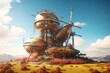 Sci-fi steampunk bioenergy power plant. Elaborate brass and copper machinery pulsates with life, gears and cogs rotating harmoniously. Renewable green energy concept. AI-Generated. Generative AI