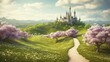 Road to the castle located on the hill, green lawns with small blooming flowers. Generative AI