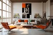 Eclectic modern bauhaus style compostion at living room interior with design white sofa, orange chairs cool pop art artwork, brown rug. Home decor, generative AI