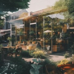 A restaurant that has a lot of plants in front of it. Generative AI image.