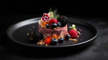 pudding or jelly dessert plate with fresh ingredients served on restaurant or cafe table background for delicious food dessert theme