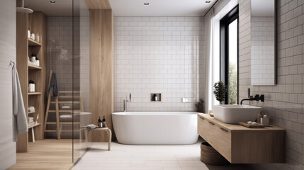 Interior of a Scandinavian Style Bathroom with Light Tiles