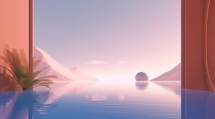 Wall Mural - The minimal of pastel color sunset over the sea. Generative AI.