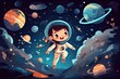 Cute illustration astronaut character in space with planets. Generative AI.