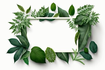 Frame of green leaves on a white background. lay flat. Generative AI