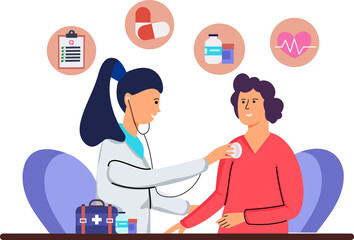 illustration of a female doctor examining a patient in a clinic. illustration of a female patient checking her health to the doctor