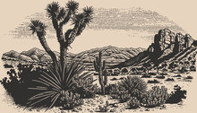 Mountain Desert Texas Background Landscape Engraving Gravure Style. Wild West Western Adventure Explore Inspirational Vibe. Graphic Art. Sketch Drawn Vector