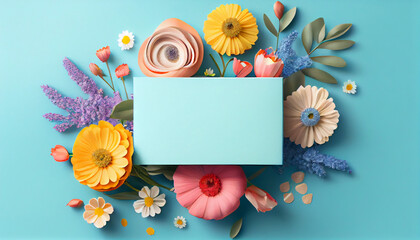 Women's Day and Mother's Day celebrations background banner in blue color with copy space, backdrop with flowers and gift boxes for a sales campaign, Generative AI