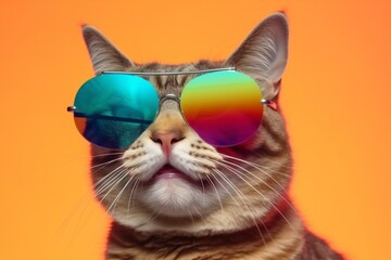 Wall Mural - portrait fashion sunglasses animal colourful cute cat pet funny neon. Generative AI.