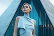 Beautiful haute couture model in front of a modern architecture building.  Composite with different elements made with generative AI