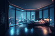 Luxurious bedroom with a spectacular view of a big city at night. Composite with different elements made with generative AI