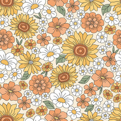 Retro 70s 60s Floral Hippie Summer Groovy Flower Power Flower vector seamless pattern. Boho Summer retro colours flower bouquet light background surface design.