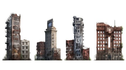 A collection of destroyed skyscrapers, tall post-apocalyptic buildings, house buildings. Generative AI