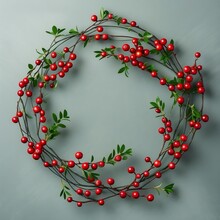 A Circular Arrangement Of Green Twigs And Red Berries. AI
