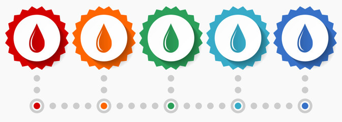 Poster - Oil, water drop vector icon set, colorful infographic template, set of flat design badge icons in 5 color options