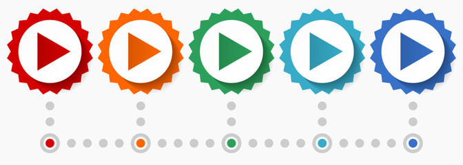 Leinwandbilder - Play vector icon set, colorful infographic template, set of flat design badge icons in 5 color options