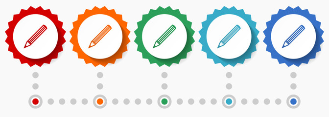 Poster - Pencil vector icon set, colorful infographic template, set of flat design badge icons in 5 color options